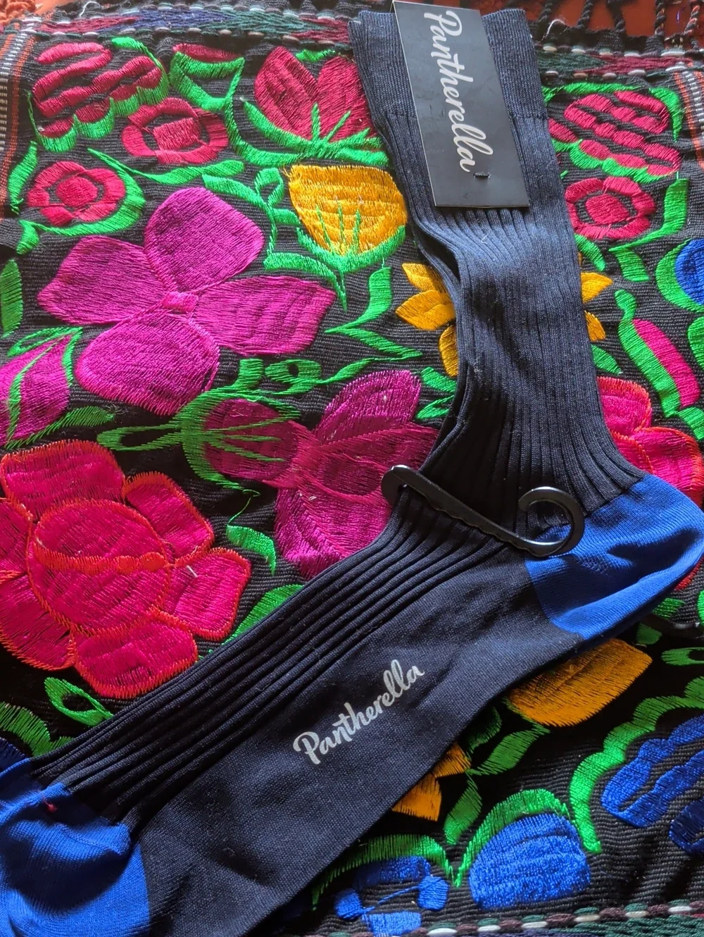 Pantherella Black Dress Socks with Blue Heel and Toe